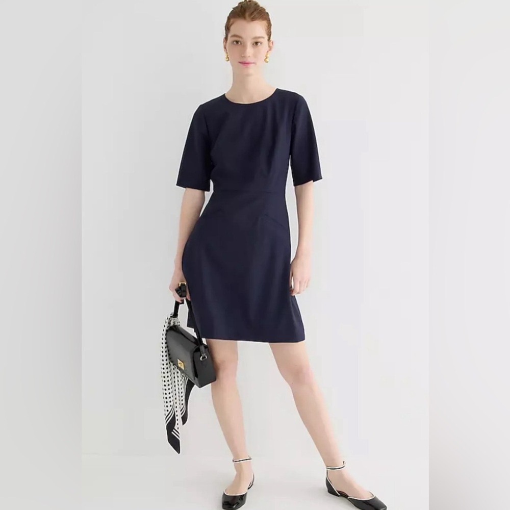 NWT J.Crew Short-sleeve mini dress in bi-stretch wool blend, Navy